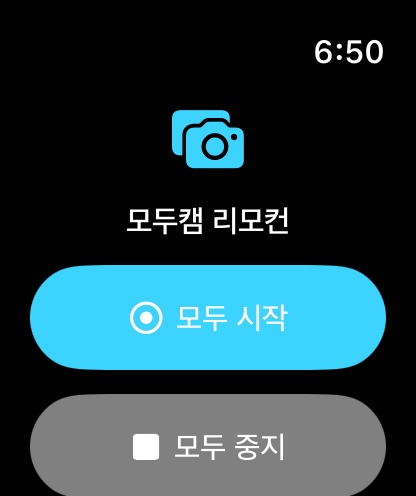 Apple Watch에서 전체 카메라 촬영을 시작하고 중지하는 모두캠 Remote 화면